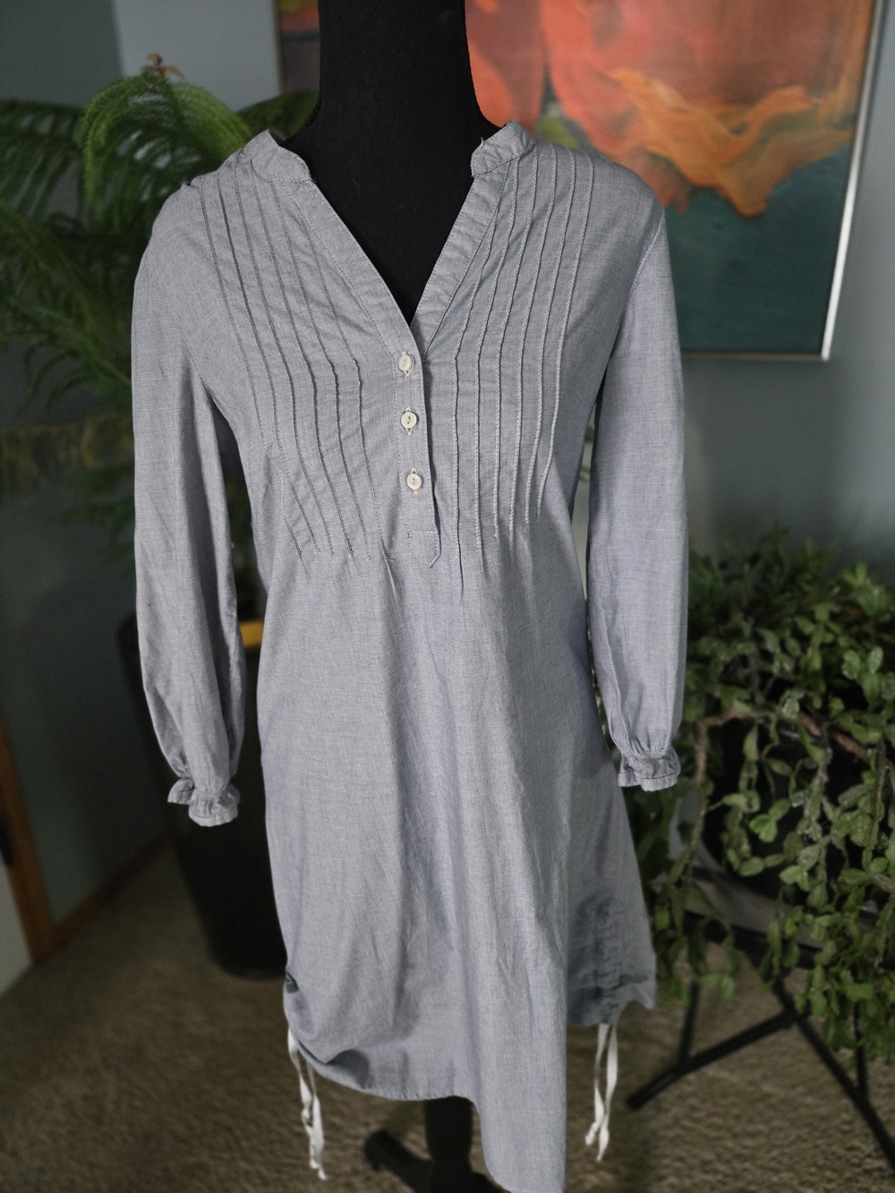 Women's Light Blue Pintuck Tie-Hem Dress